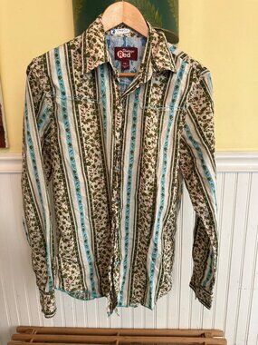 Vintage Red Womens Small Floral Striped Button-Up Shirt 100% Cotton India